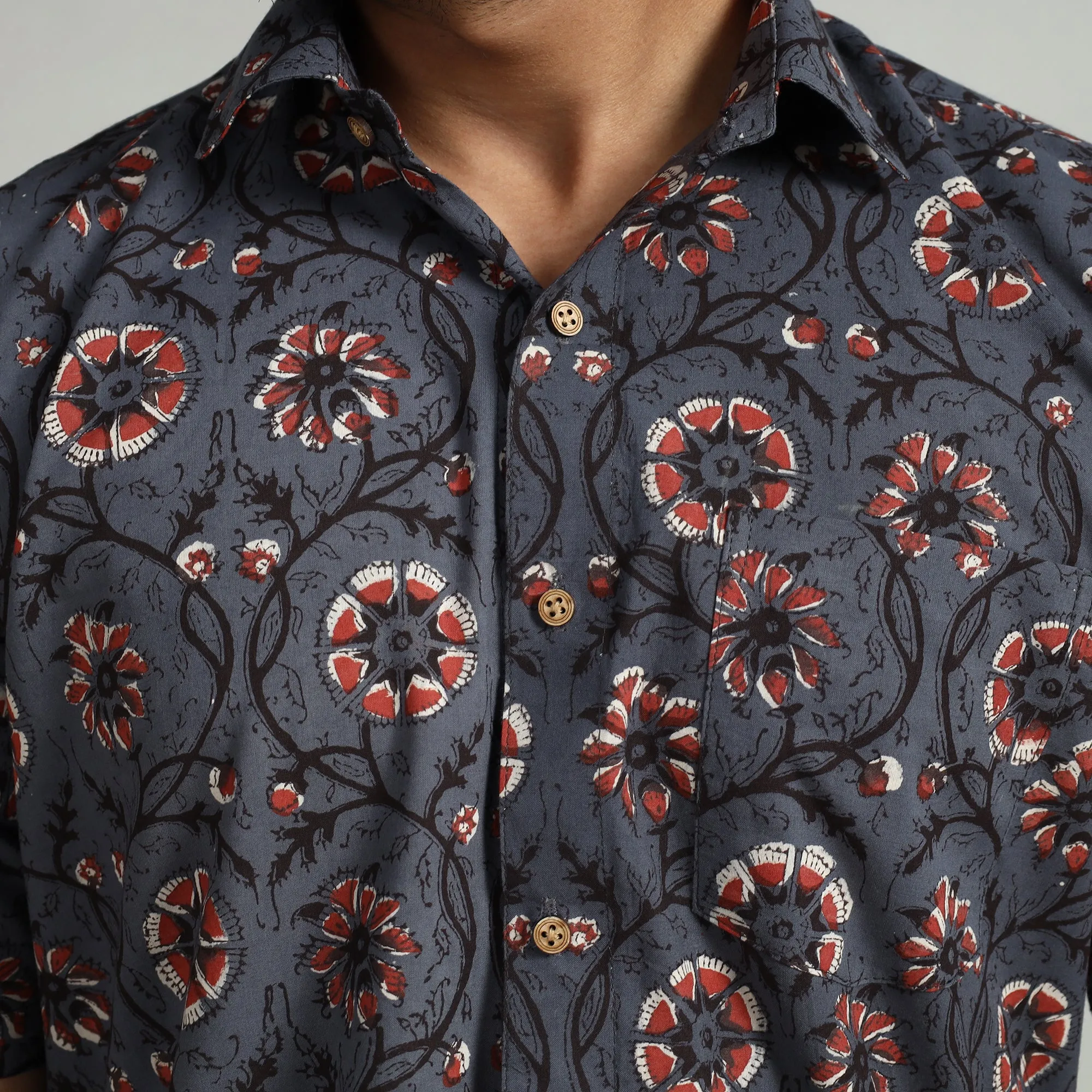 Dark Grey - Bagru Block Printed Cotton Men Half Sleeve Shirt