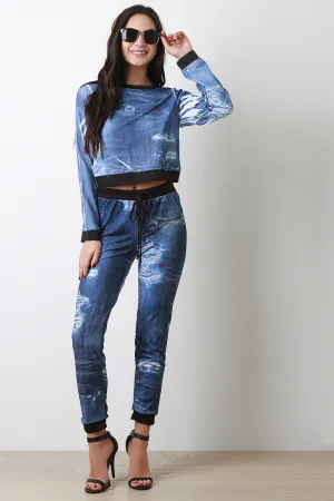 Distressed Denim Print Jogger Pants