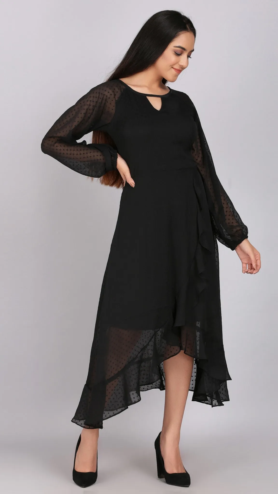 Dobby Wrap Black Asymmetric Dress