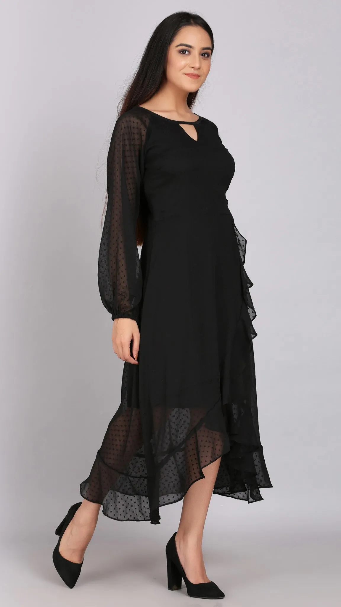 Dobby Wrap Black Asymmetric Dress