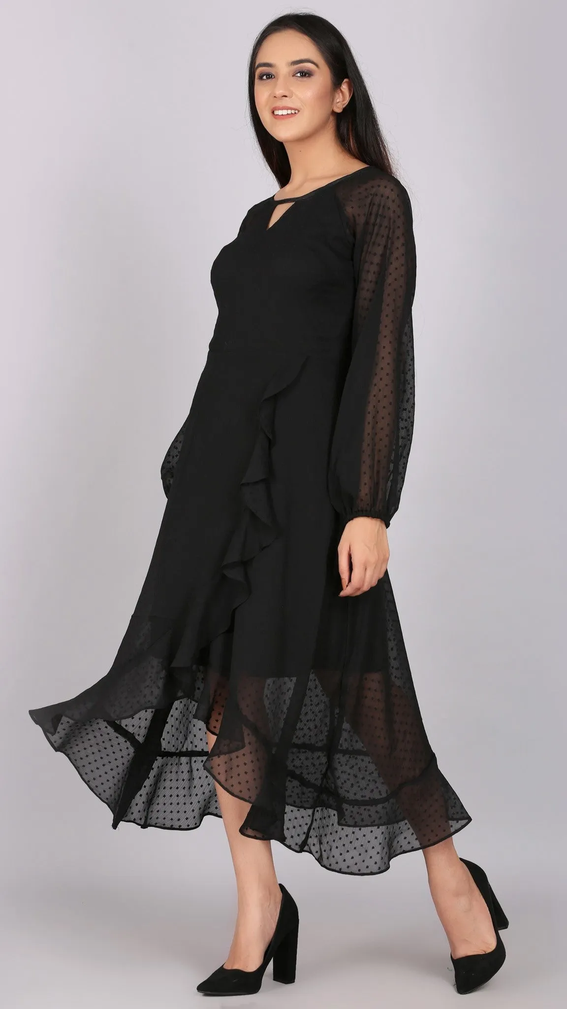 Dobby Wrap Black Asymmetric Dress