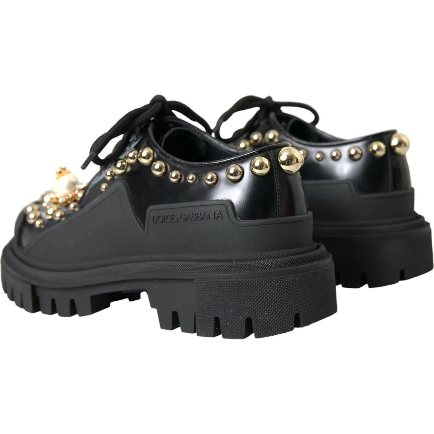 Dolce & Gabbana Black Leather Trekking Derby Embellished Shoes