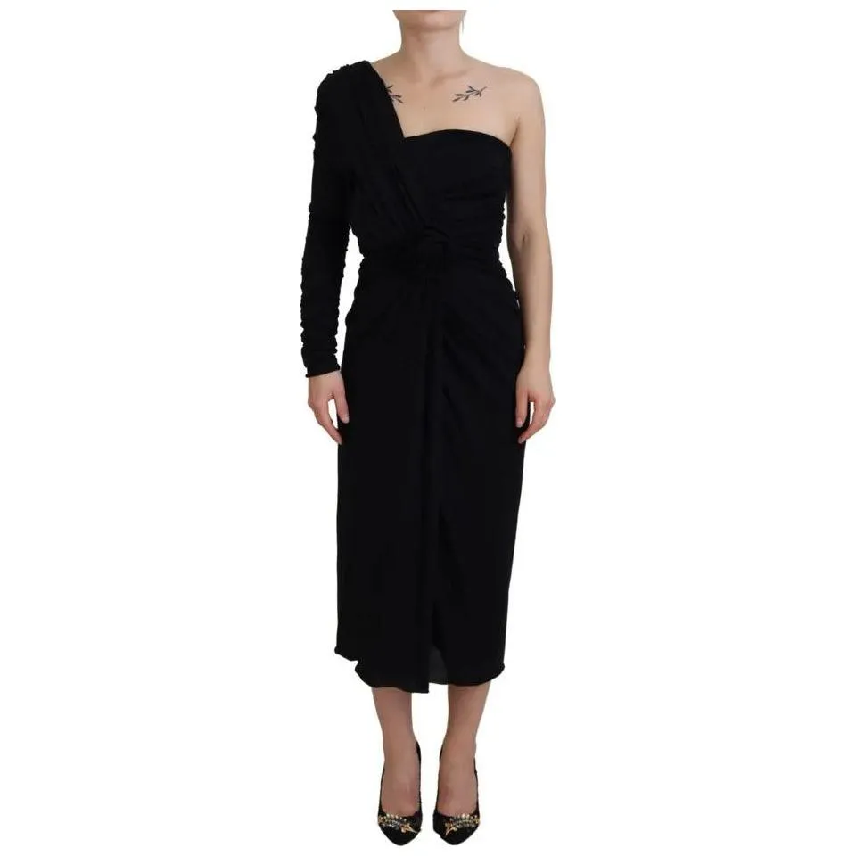 Dolce & Gabbana Black Wrap Sheath One Shoulder Wool Dress