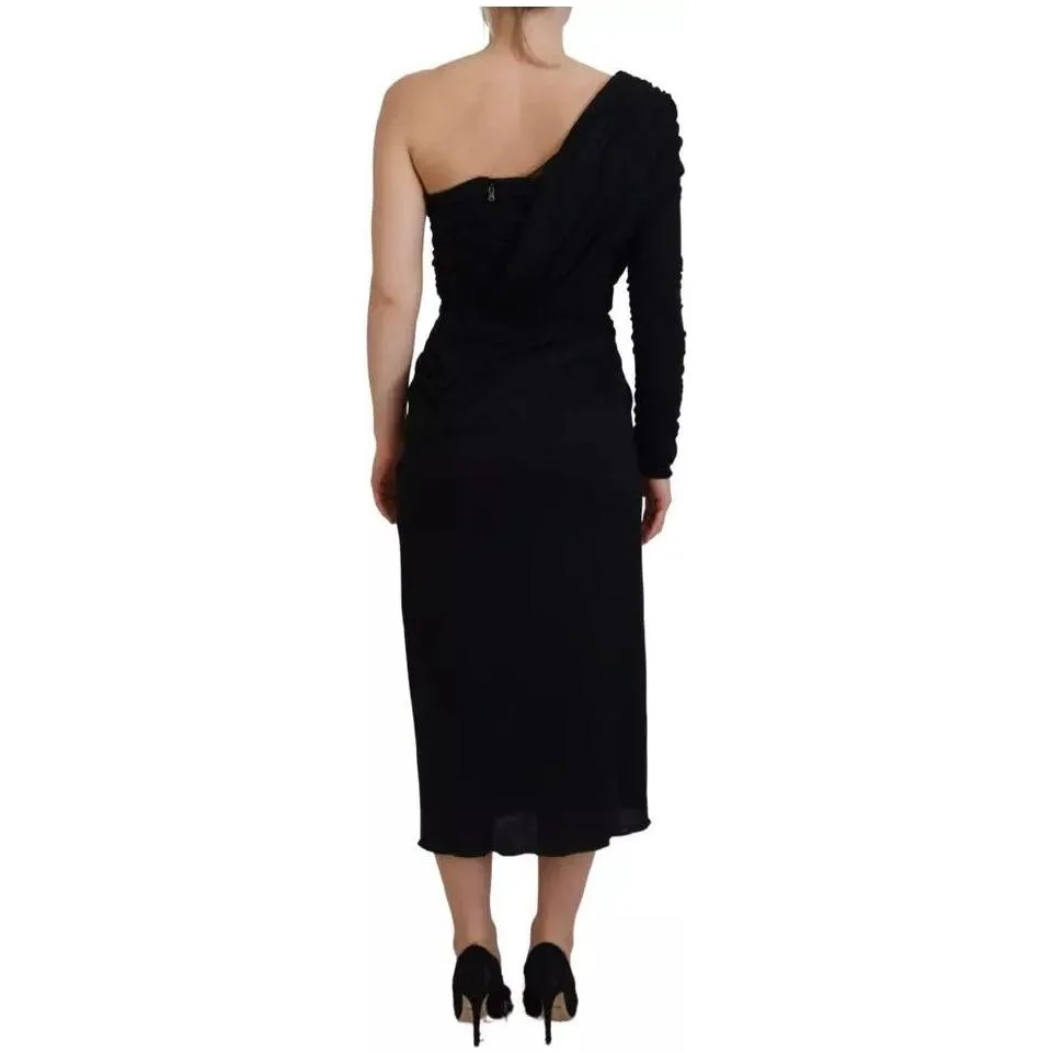 Dolce & Gabbana Black Wrap Sheath One Shoulder Wool Dress