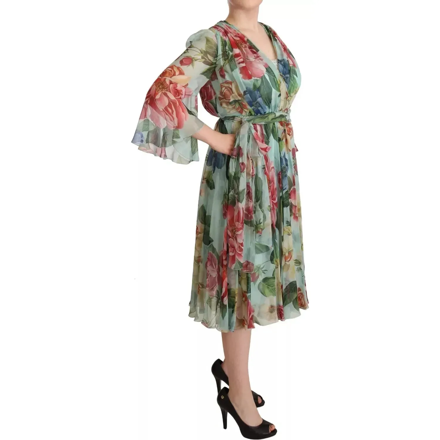 Dolce & Gabbana Multicolor Green Silk Wrap Gown Dress