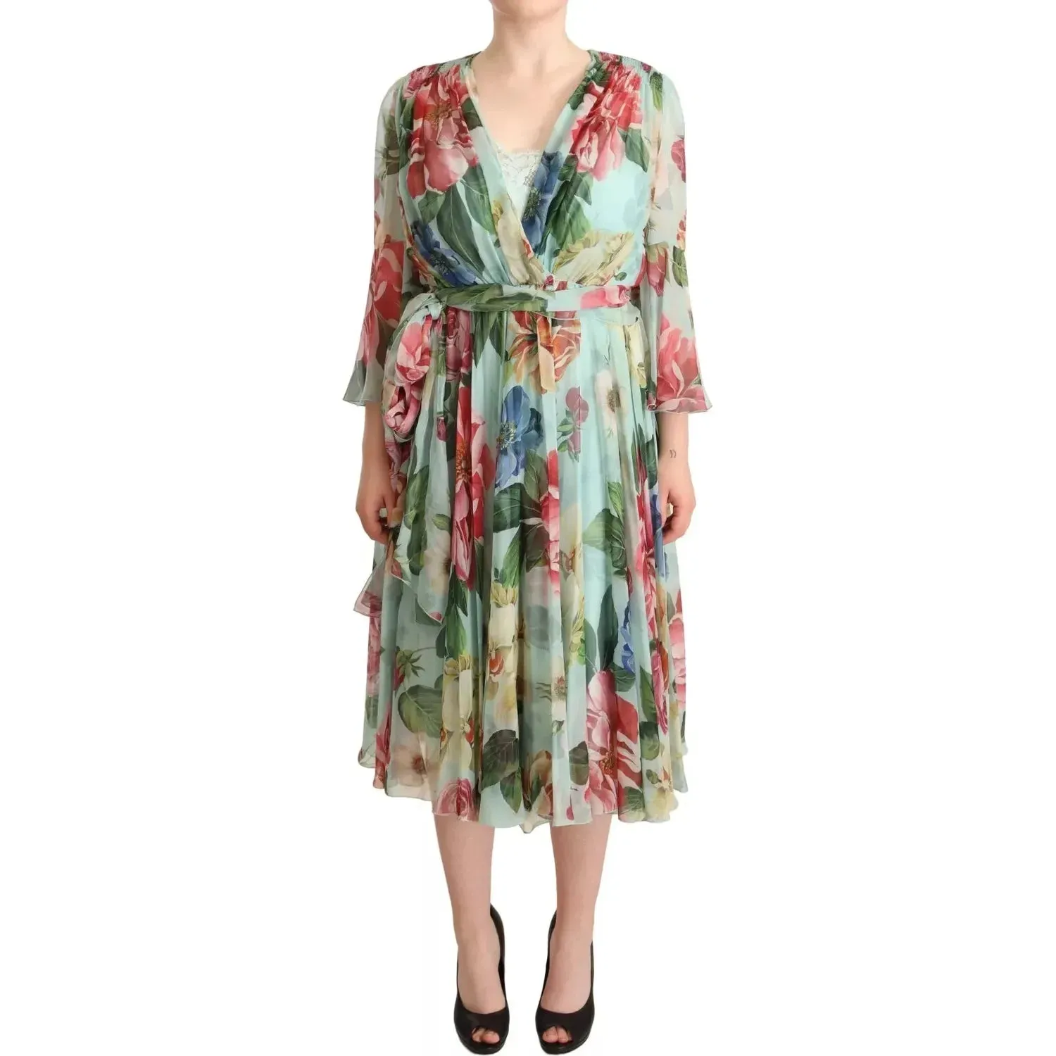 Dolce & Gabbana Multicolor Green Silk Wrap Gown Dress