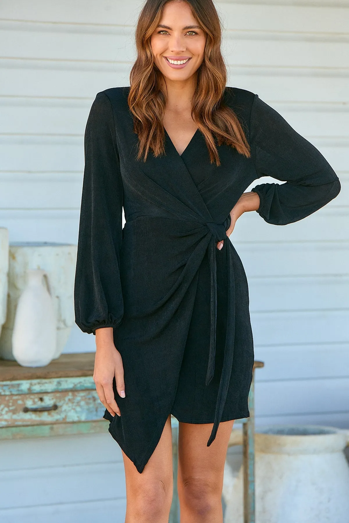 Domino Black Metallic Cross Over Tie Front Long Sleeve Dress