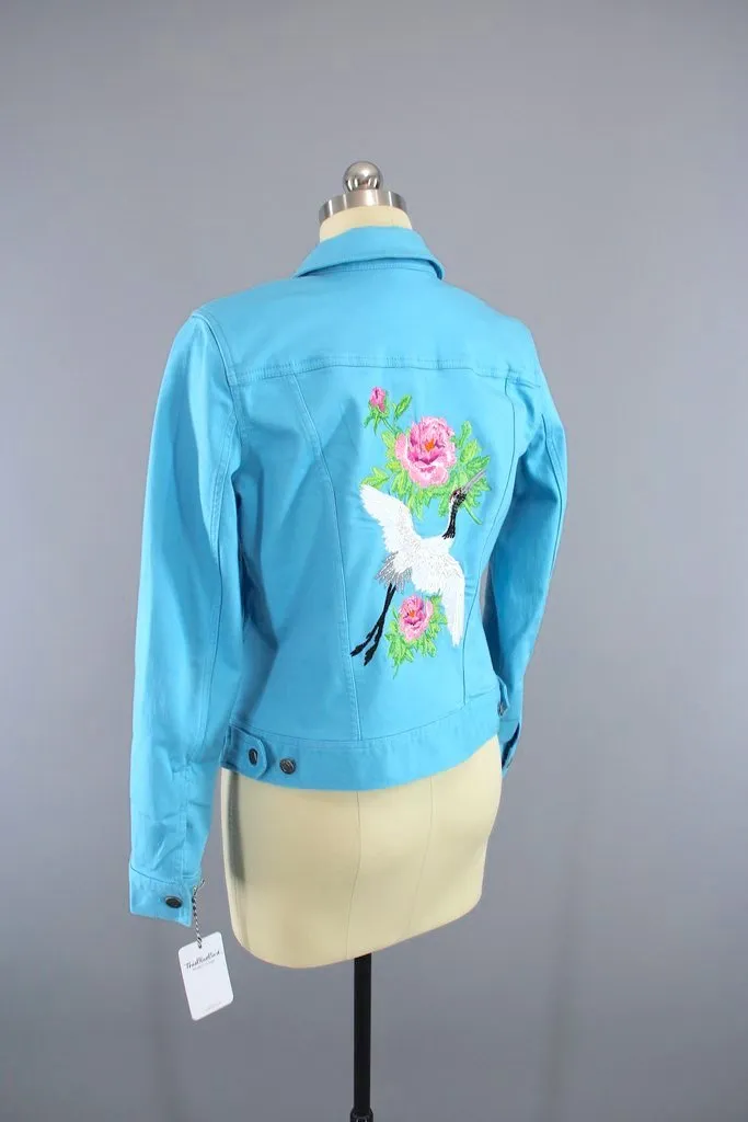 Embroidered Birds Aqua Blue Denim Jacket