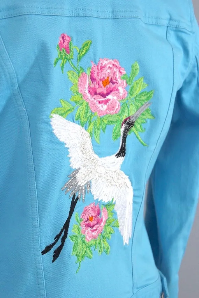 Embroidered Birds Aqua Blue Denim Jacket