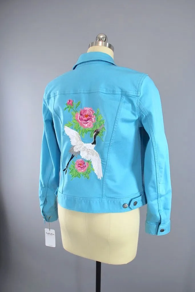 Embroidered Birds Aqua Blue Denim Jacket