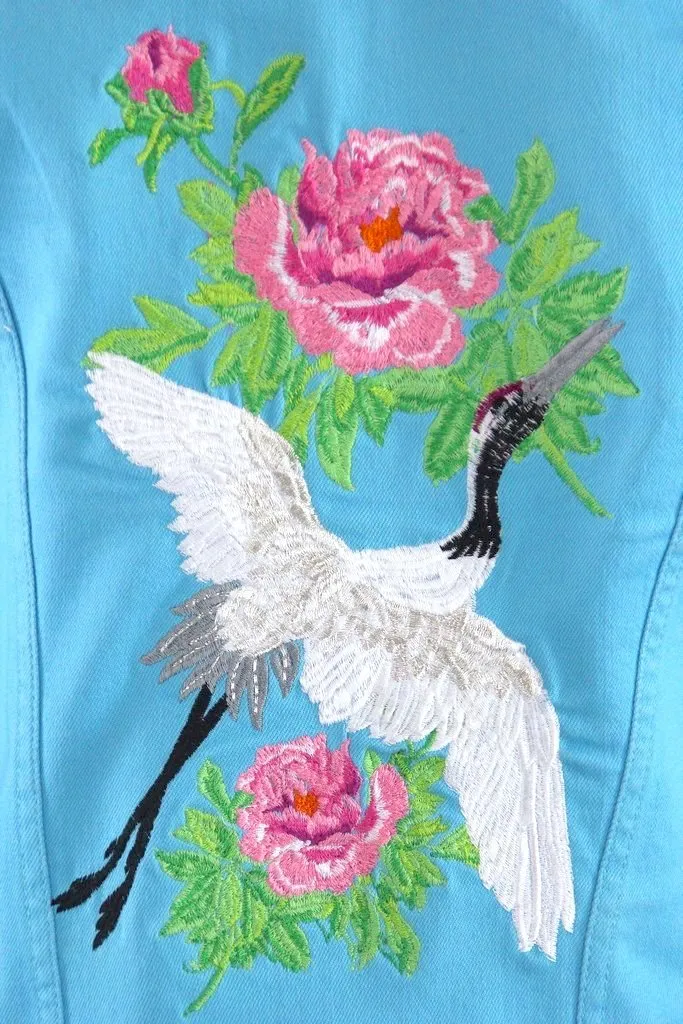 Embroidered Birds Aqua Blue Denim Jacket