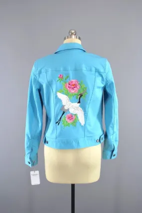 Embroidered Birds Aqua Blue Denim Jacket