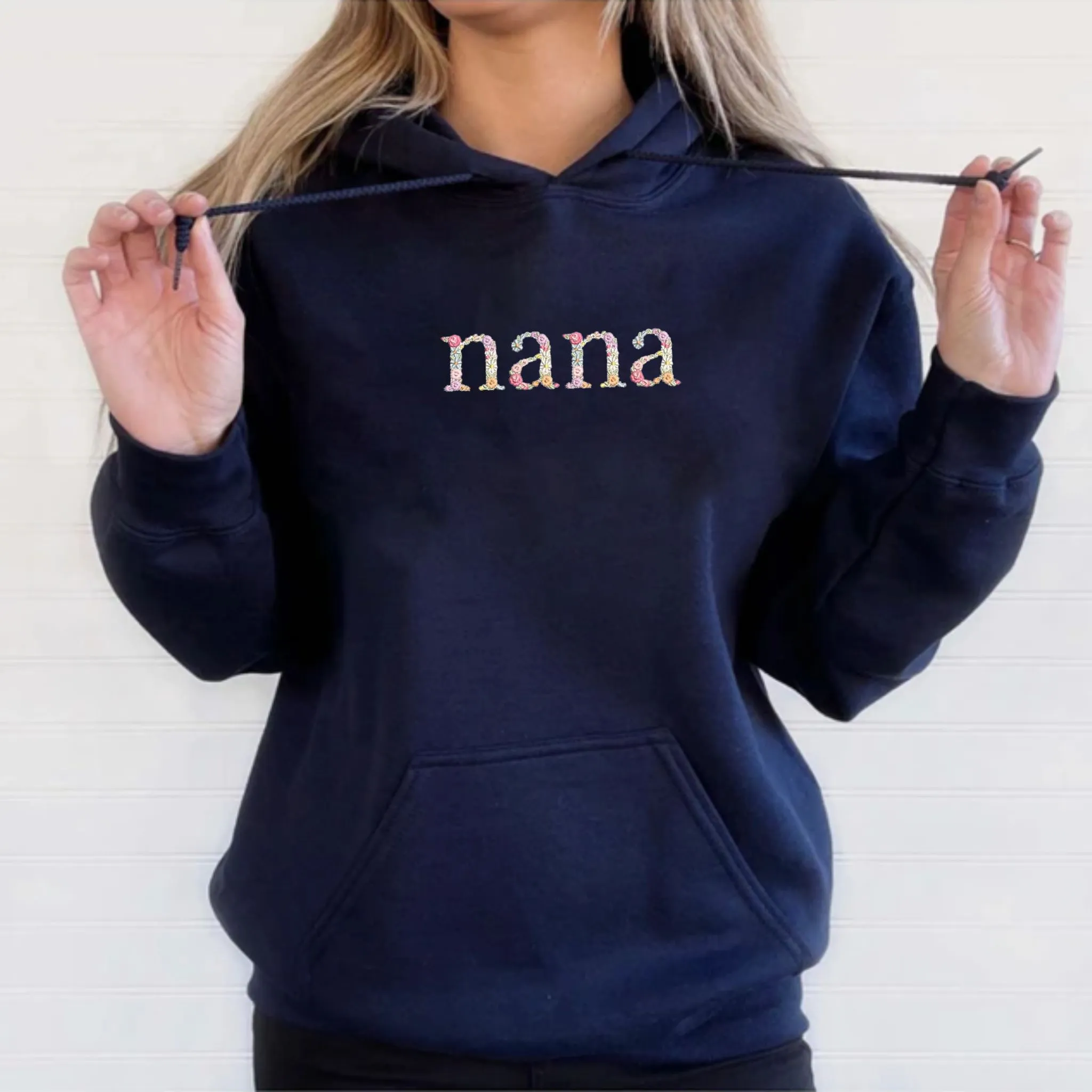 Embroidered Floral Nana Hoodie, Personalized Hood with Initial On Sleeve, Good Nana Gift Ideas