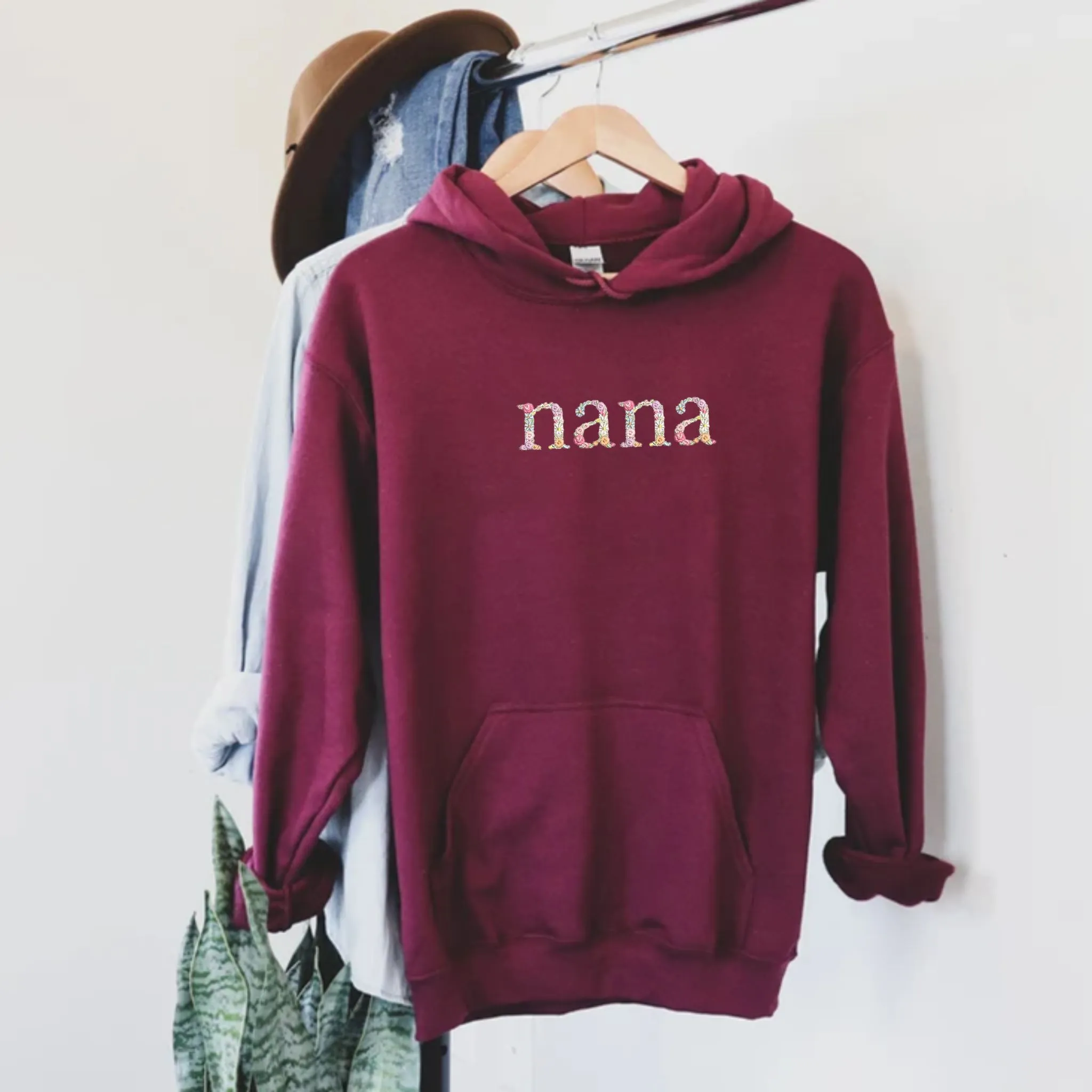 Embroidered Floral Nana Hoodie, Personalized Hood with Initial On Sleeve, Good Nana Gift Ideas