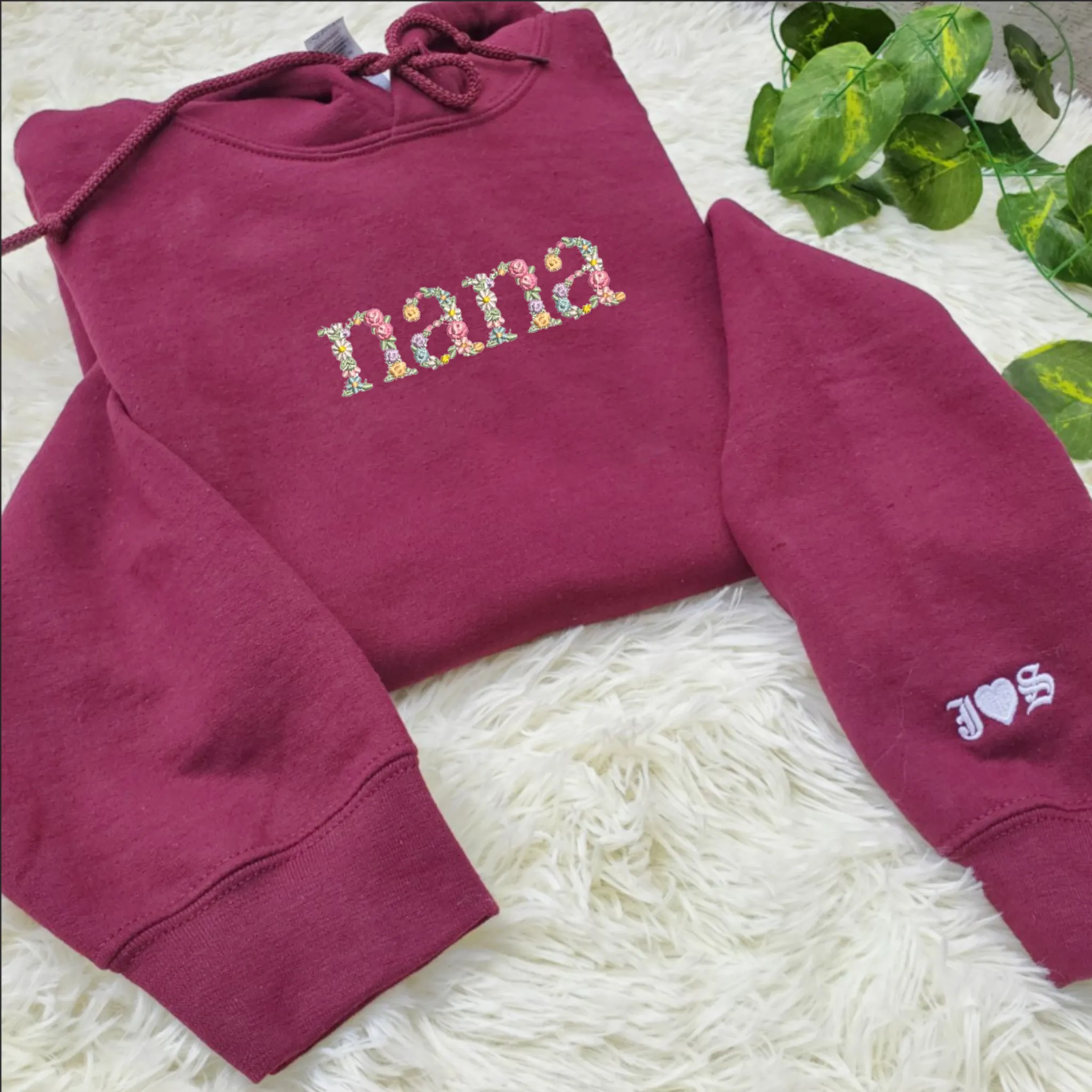 Embroidered Floral Nana Hoodie, Personalized Hood with Initial On Sleeve, Good Nana Gift Ideas