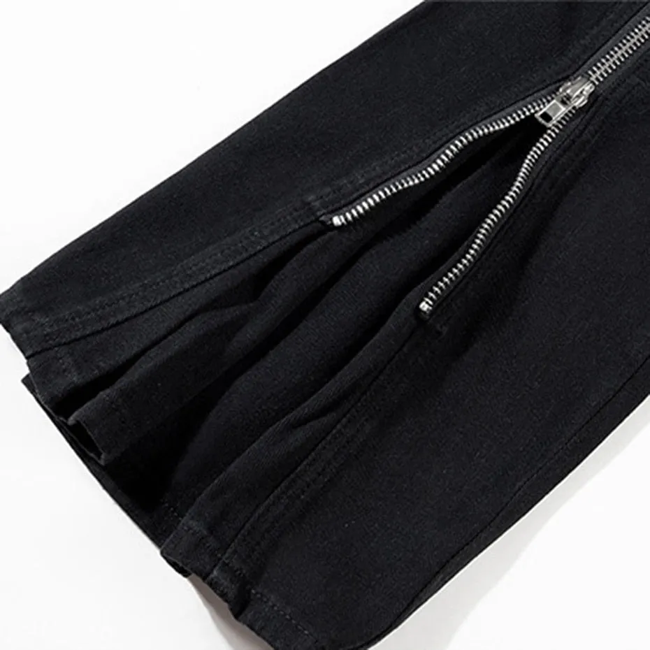 Fashion Flared Jeans Double Zippers Long Ribbons Black Denim Pants Men's Streetwear Harajuku Hipster Jeans