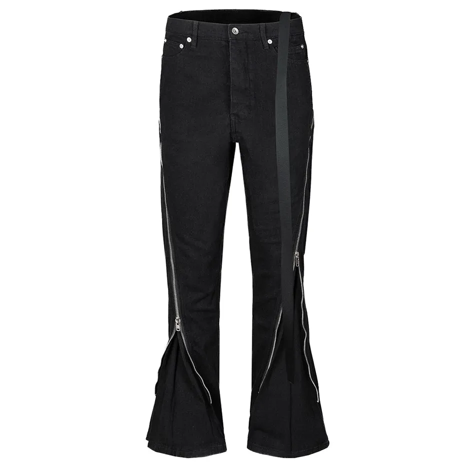 Fashion Flared Jeans Double Zippers Long Ribbons Black Denim Pants Men's Streetwear Harajuku Hipster Jeans