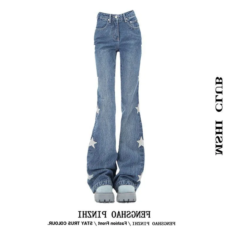 Fashionkova y2k American Hot Girl Star Print Skinny Jeans Women's Spring New High Waist Slimming Horseshoe Mopping Trousers