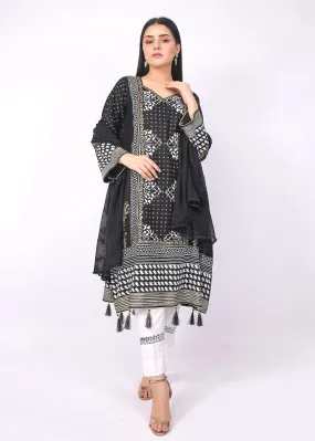 FashionPorters - Unstitched 3 Piece Block Printed Cotton Lawn Jet Black Suit SUS22-RY18