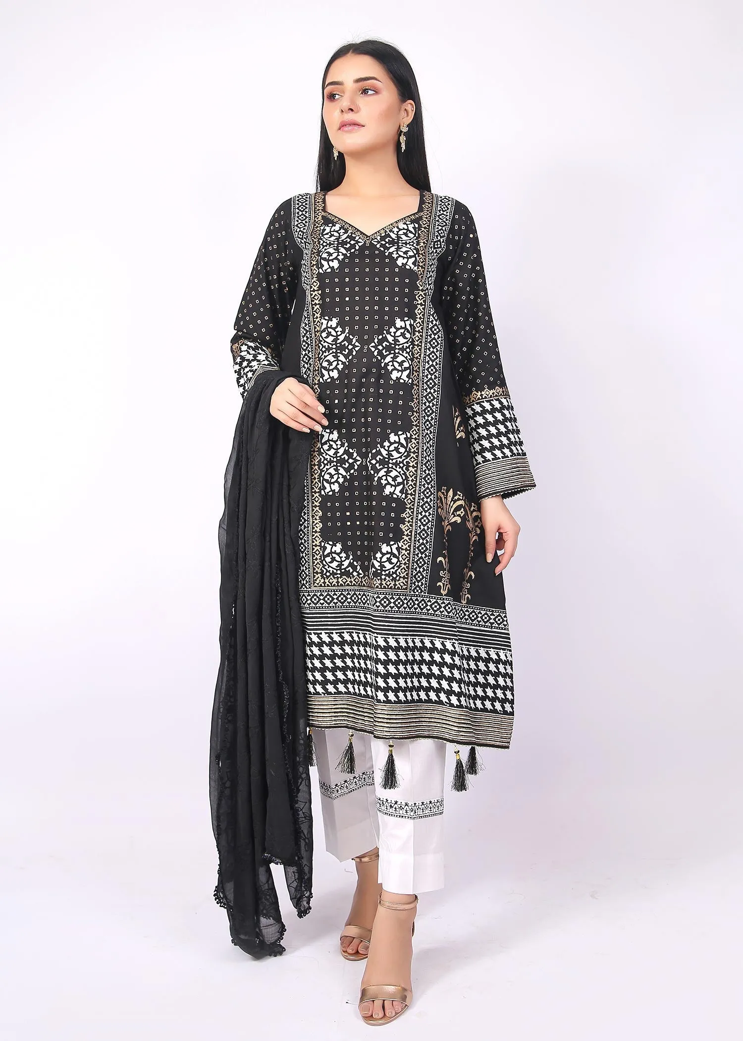 FashionPorters - Unstitched 3 Piece Block Printed Cotton Lawn Jet Black Suit SUS22-RY18