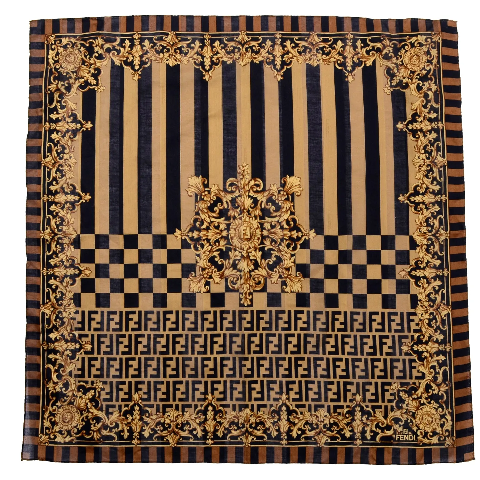 Fendi Zucca Baroque Print Inverted FF Logo Brown Scarf