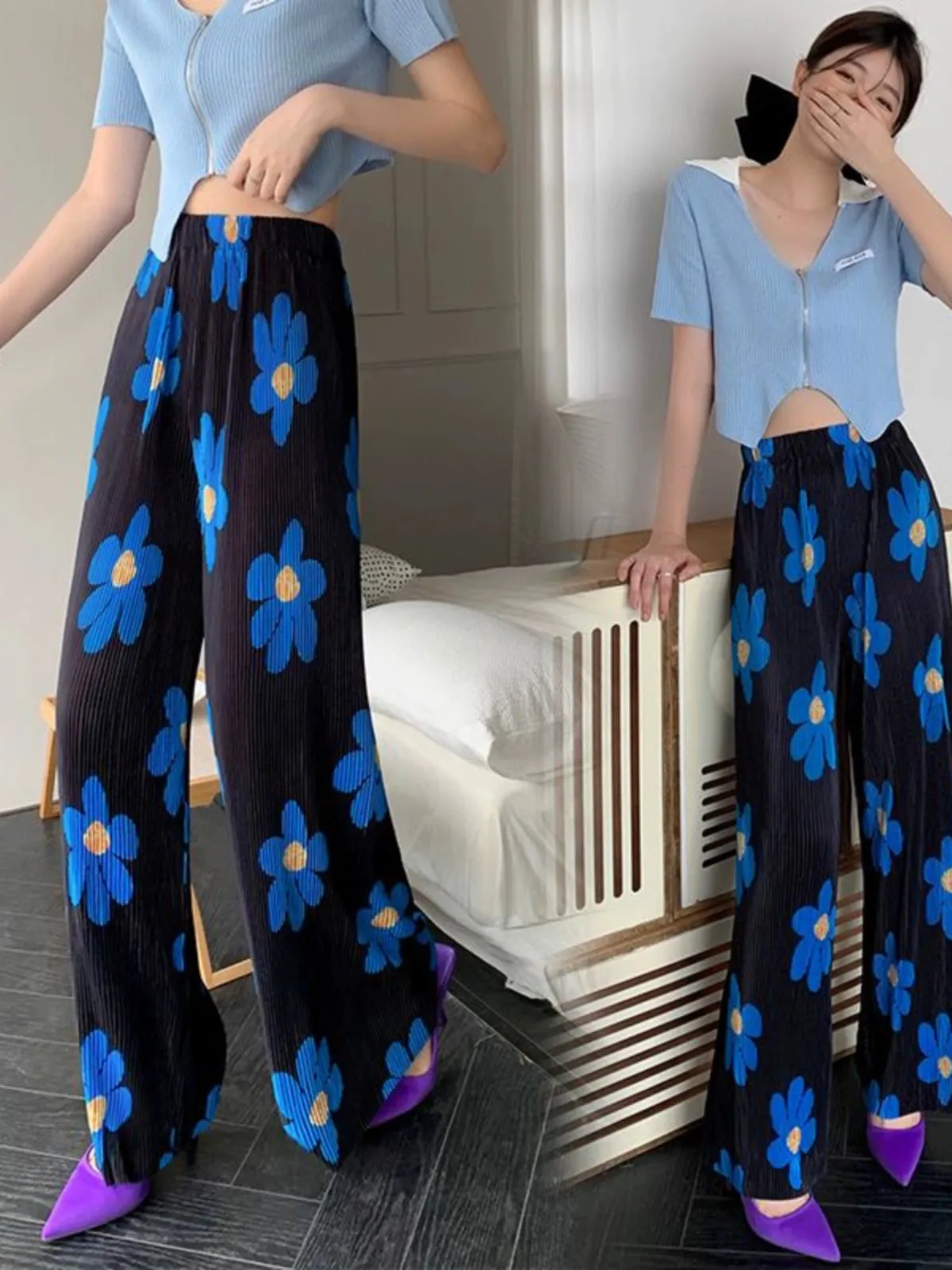 Flower Print Ice Silk Wide-Leg Pants - Unique Summer Beach Casual Pants