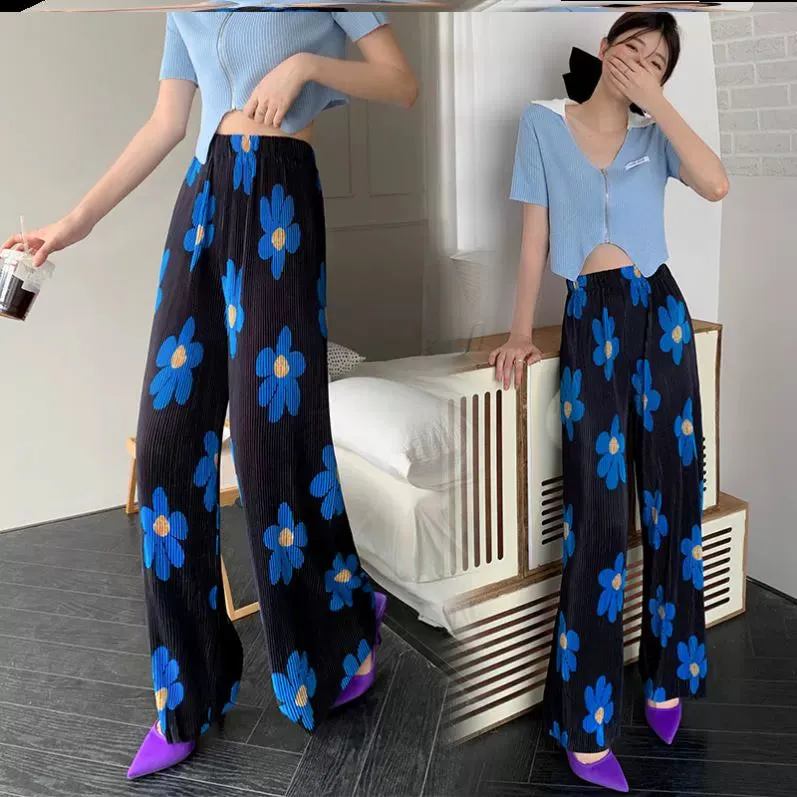 Flower Print Ice Silk Wide-Leg Pants - Unique Summer Beach Casual Pants