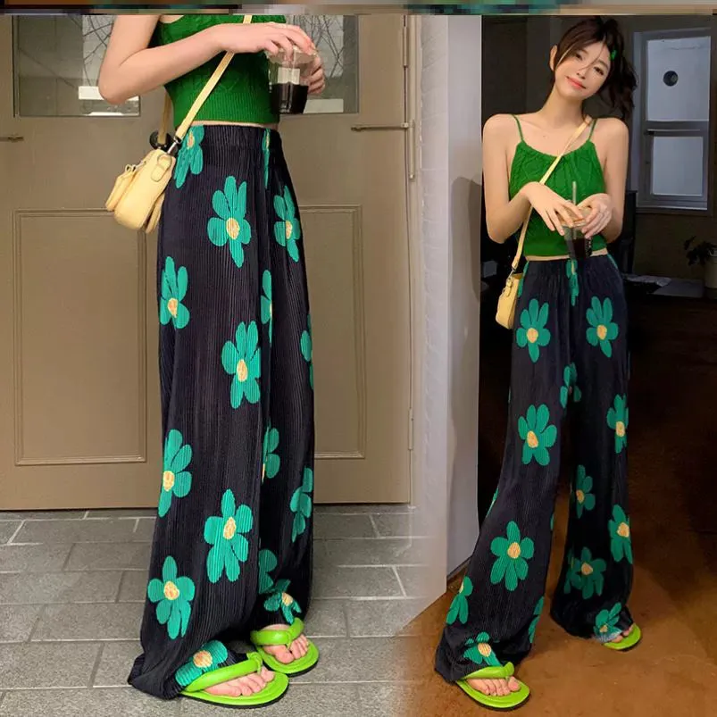 Flower Print Ice Silk Wide-Leg Pants - Unique Summer Beach Casual Pants