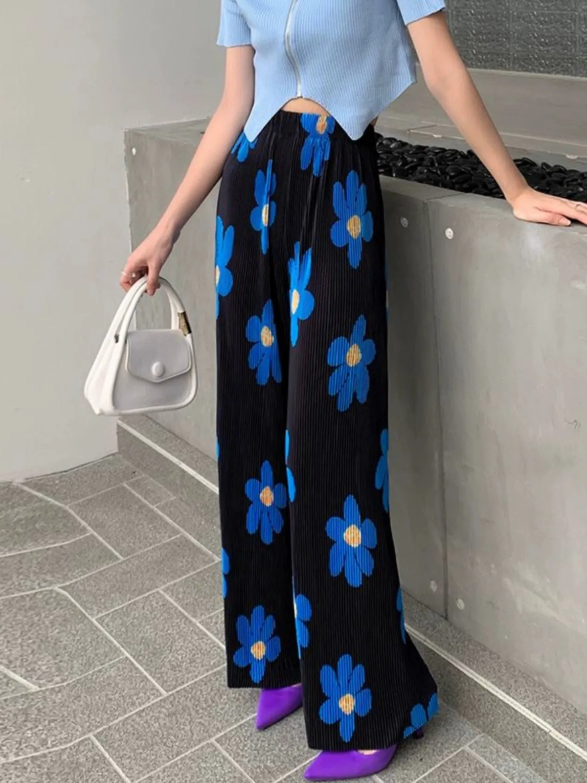 Flower Print Ice Silk Wide-Leg Pants - Unique Summer Beach Casual Pants