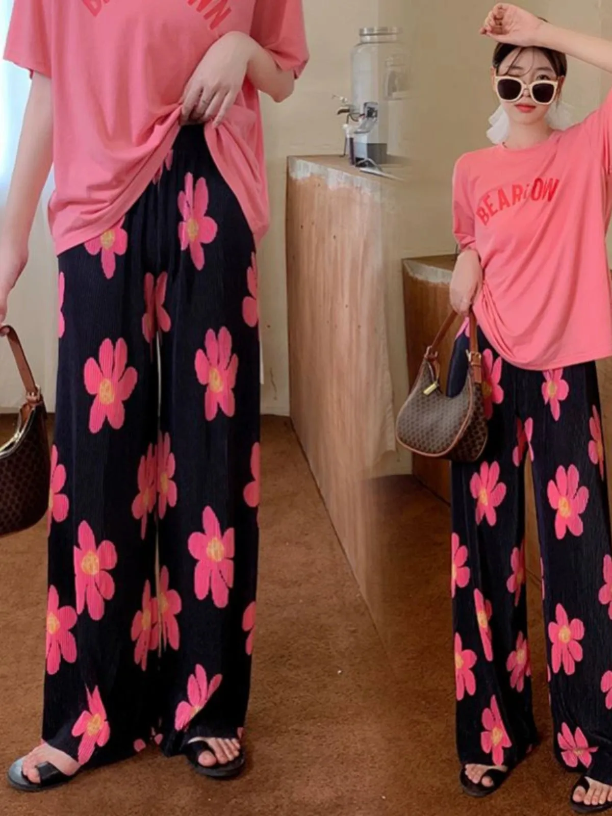 Flower Print Ice Silk Wide-Leg Pants - Unique Summer Beach Casual Pants