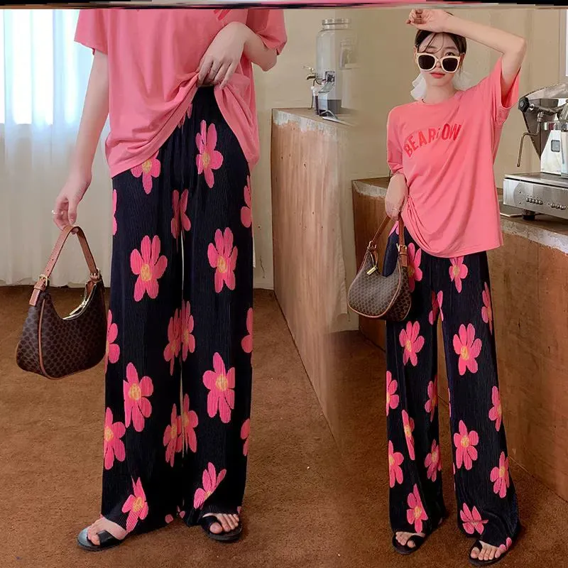 Flower Print Ice Silk Wide-Leg Pants - Unique Summer Beach Casual Pants