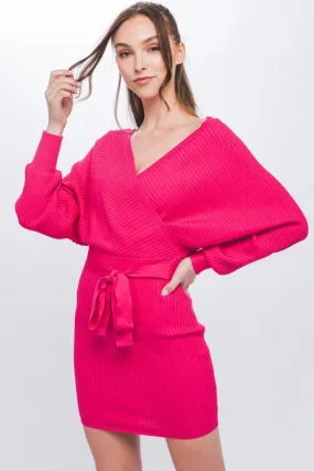 Fuchsia Off Shoulder Wrap Belted Ribbed Knit Dress