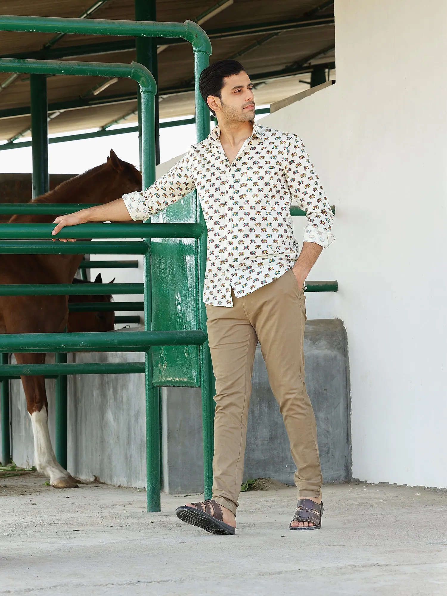 Full Sleeve Hand Block Animal Printed Mens Shirt  (White)