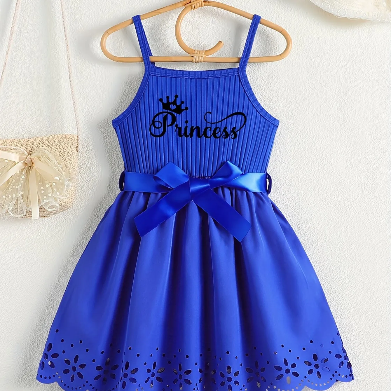 Girls Casual Summer Princess Alphabet Print Dress - Sleeveless Strappy Hollow Out Design, Bow Belt, Slight Stretch Polyester Fabric, Regular Fit, Knit Fabric, Perfect for Party Wear