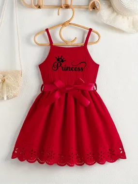 Girls Casual Summer Princess Alphabet Print Dress - Sleeveless Strappy Hollow Out Design, Bow Belt, Slight Stretch Polyester Fabric, Regular Fit, Knit Fabric, Perfect for Party Wear