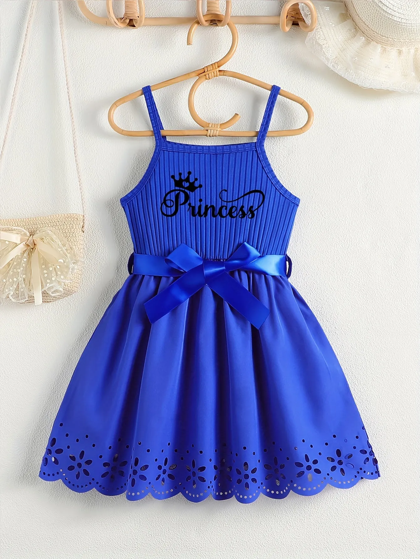 Girls Casual Summer Princess Alphabet Print Dress - Sleeveless Strappy Hollow Out Design, Bow Belt, Slight Stretch Polyester Fabric, Regular Fit, Knit Fabric, Perfect for Party Wear