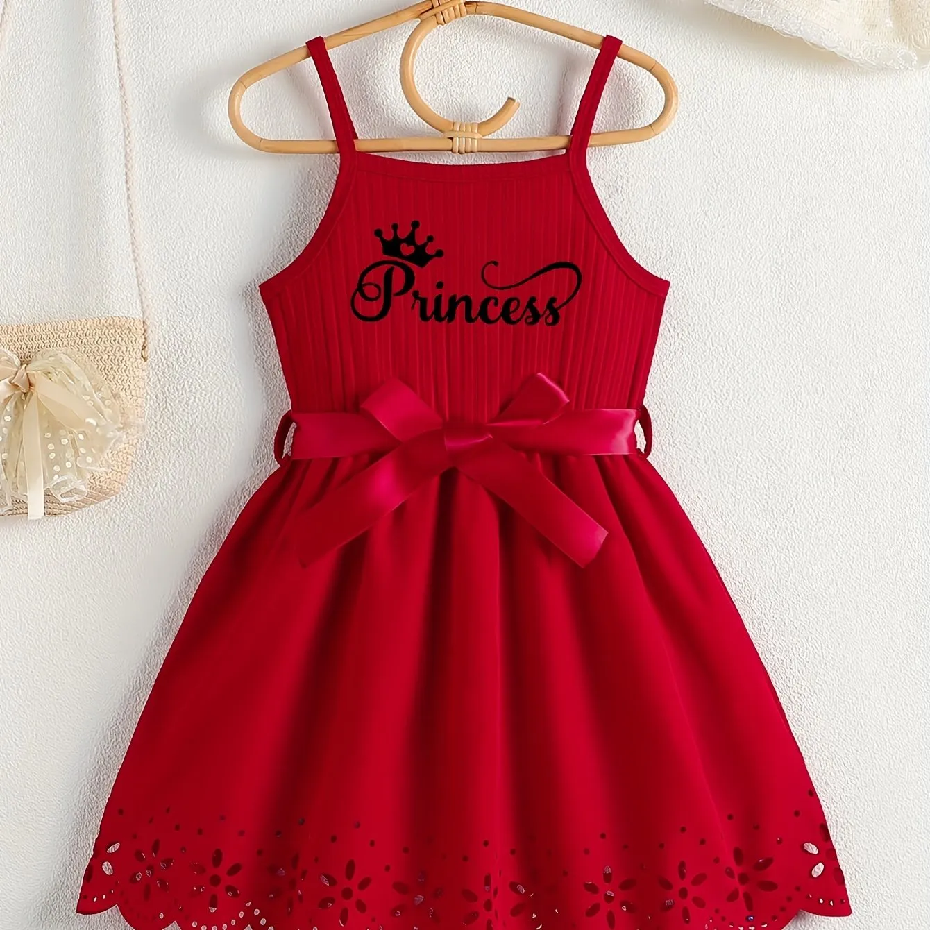 Girls Casual Summer Princess Alphabet Print Dress - Sleeveless Strappy Hollow Out Design, Bow Belt, Slight Stretch Polyester Fabric, Regular Fit, Knit Fabric, Perfect for Party Wear