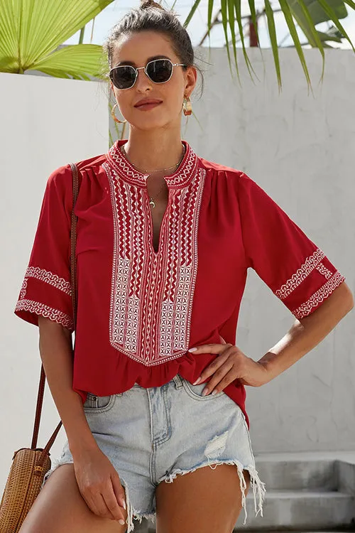 Go-Better Boho Embroidery Short Sleeve Top - 4 Colors