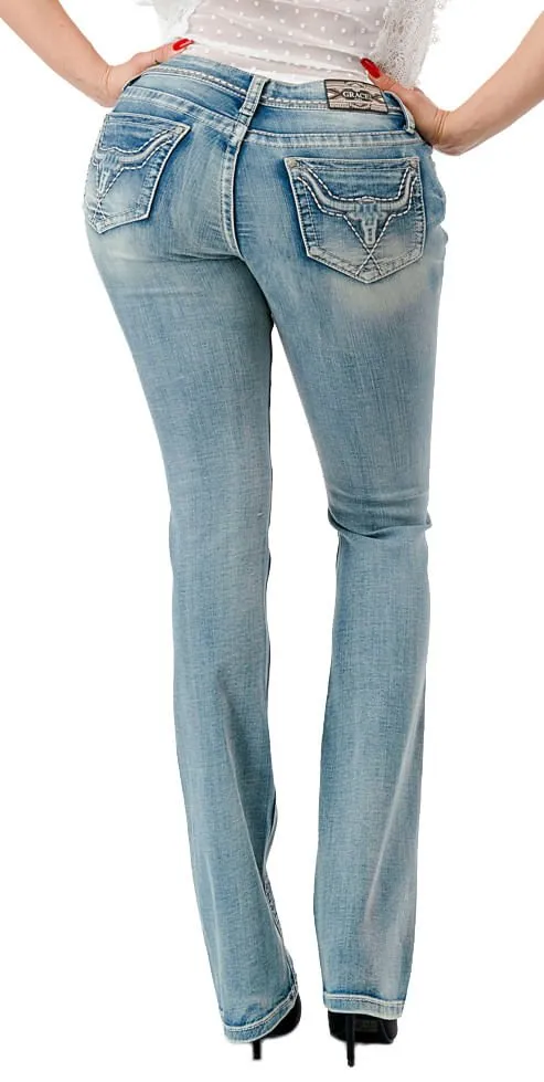 Grace in LA 3D Steer Head Mid Rise Bootcut Jeans