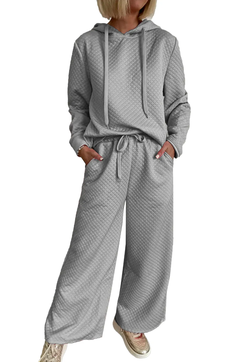 Gray Plain Long Sleeve Hooded Pullover & Wide Leg Pants Set