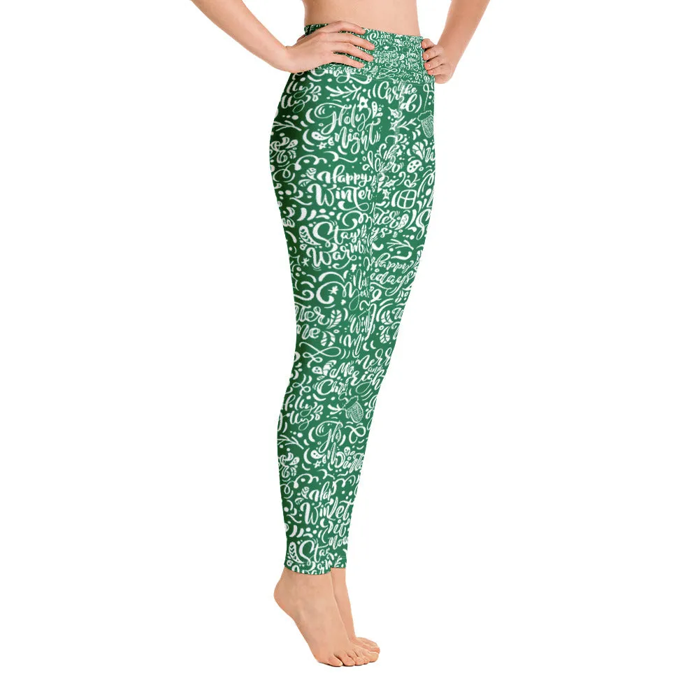 Green Christmas Typography Pattern  Yoga Leggings