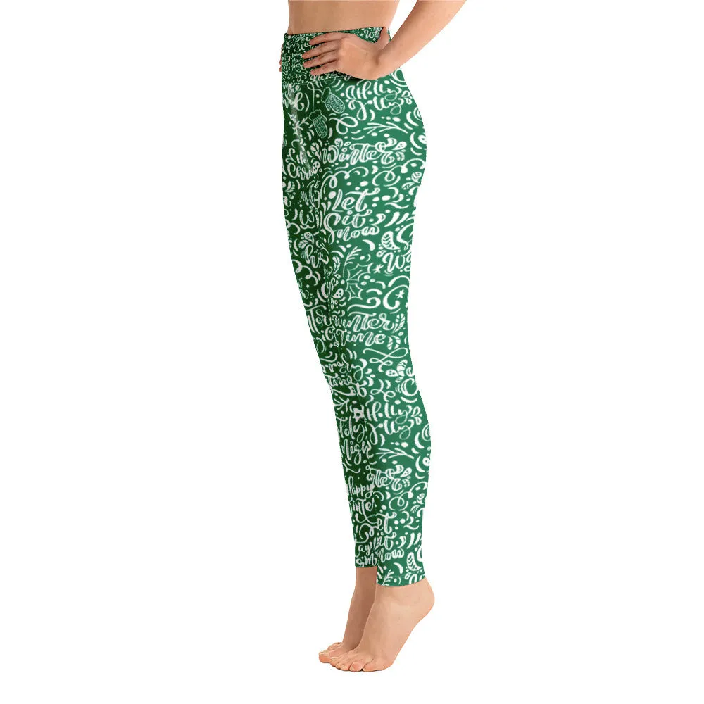 Green Christmas Typography Pattern  Yoga Leggings