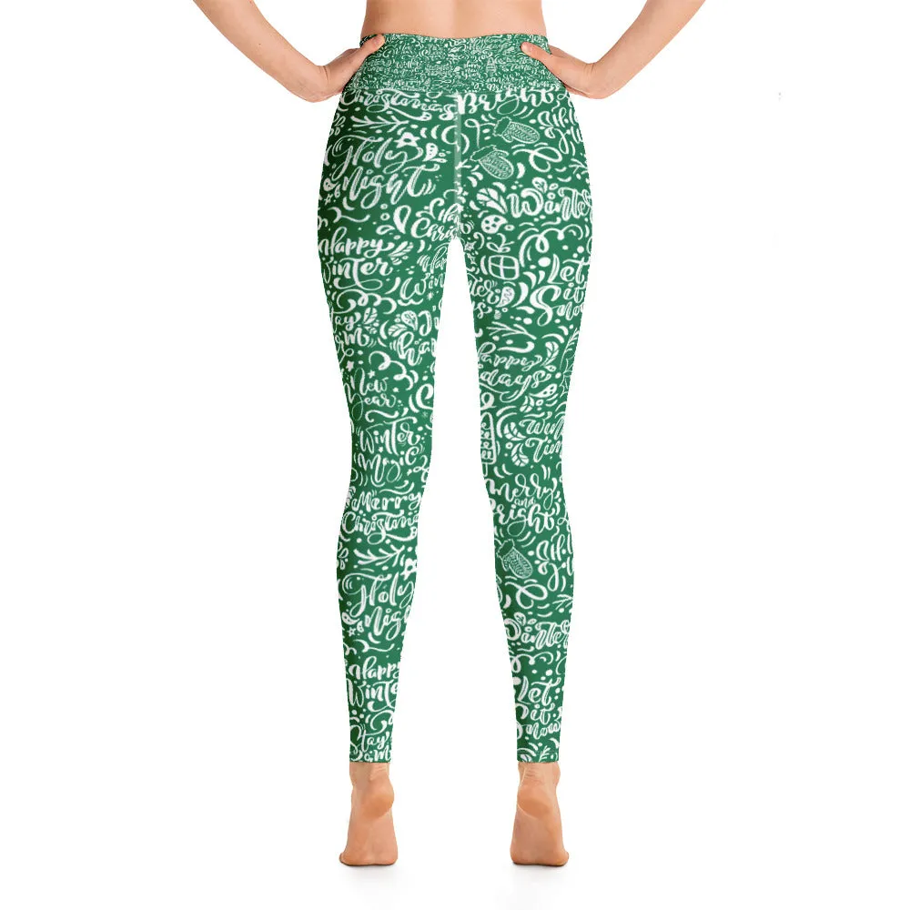 Green Christmas Typography Pattern  Yoga Leggings