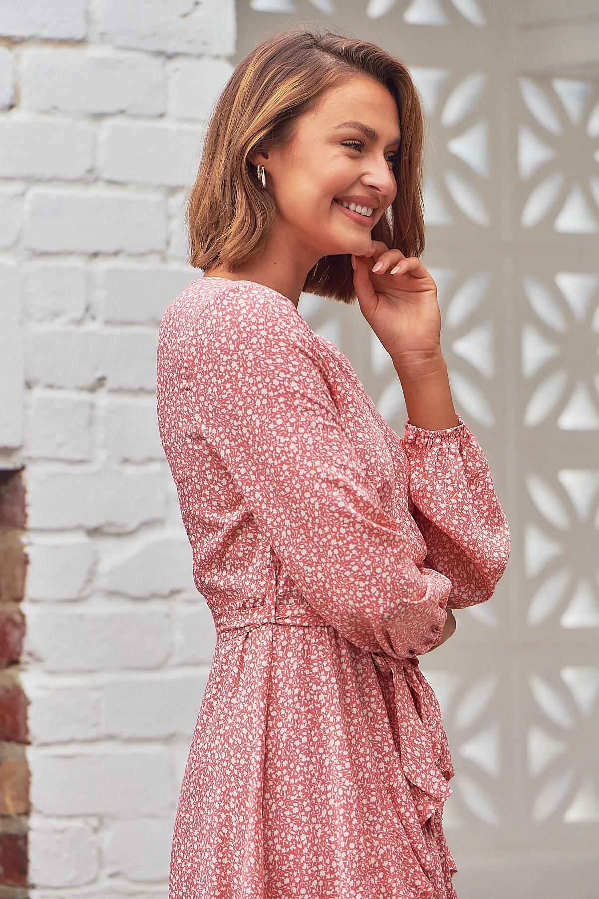 Greta Long sleeve Pink X/ Over Tie Dress