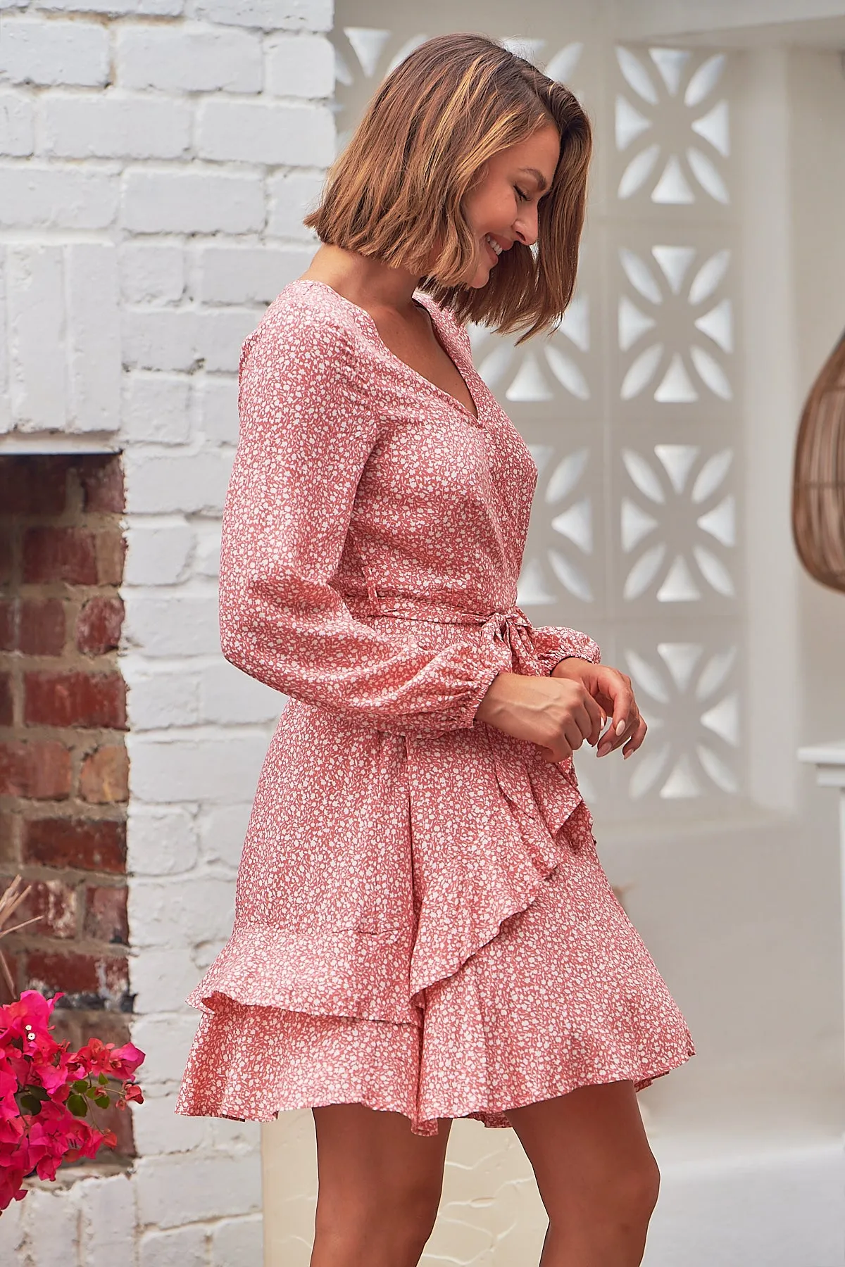 Greta Long sleeve Pink X/ Over Tie Dress