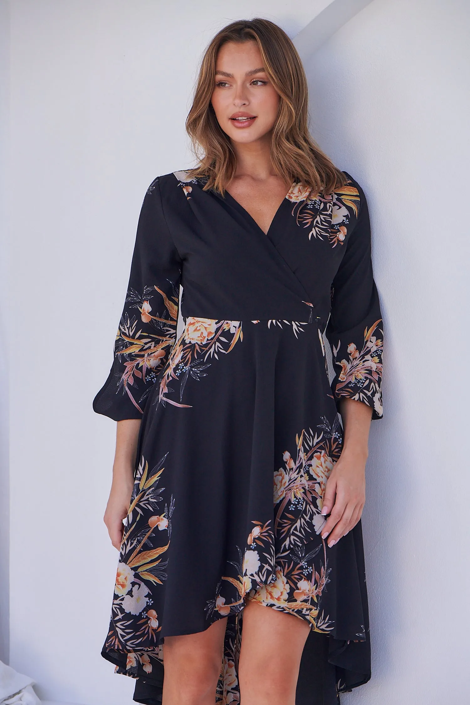 Hailey Cross Over Long Sleeve Black/Orange Print Dress