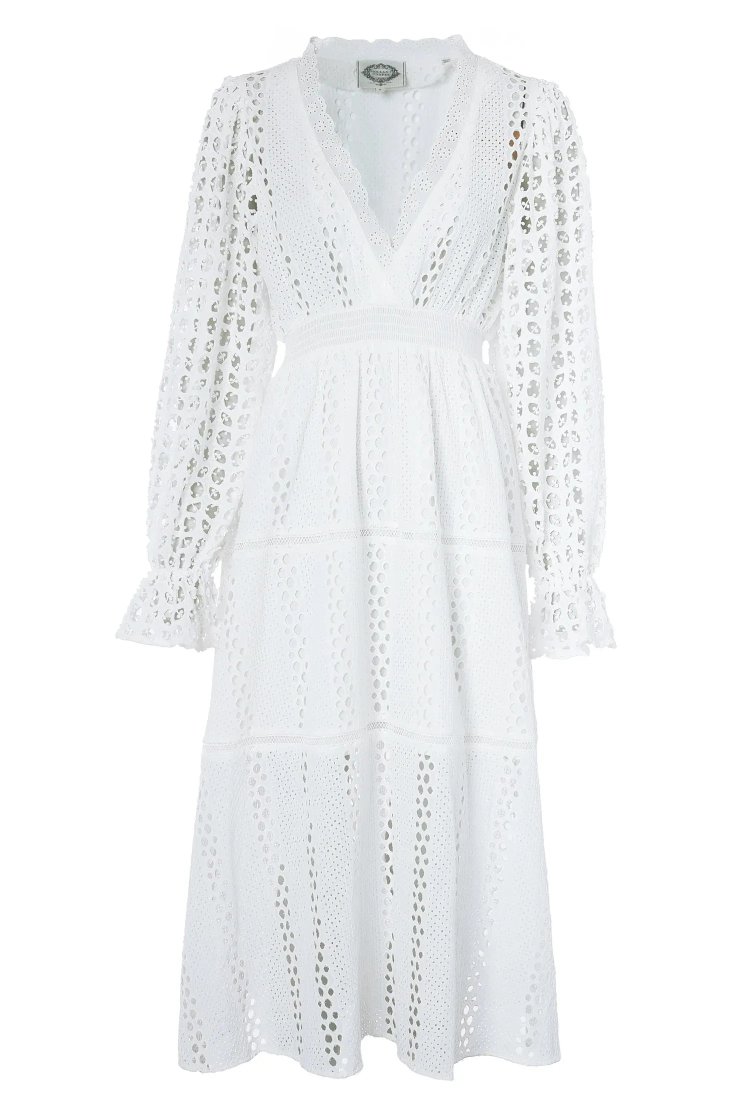 Holland Cooper Broderie Lace V Neck Midi Dress in White