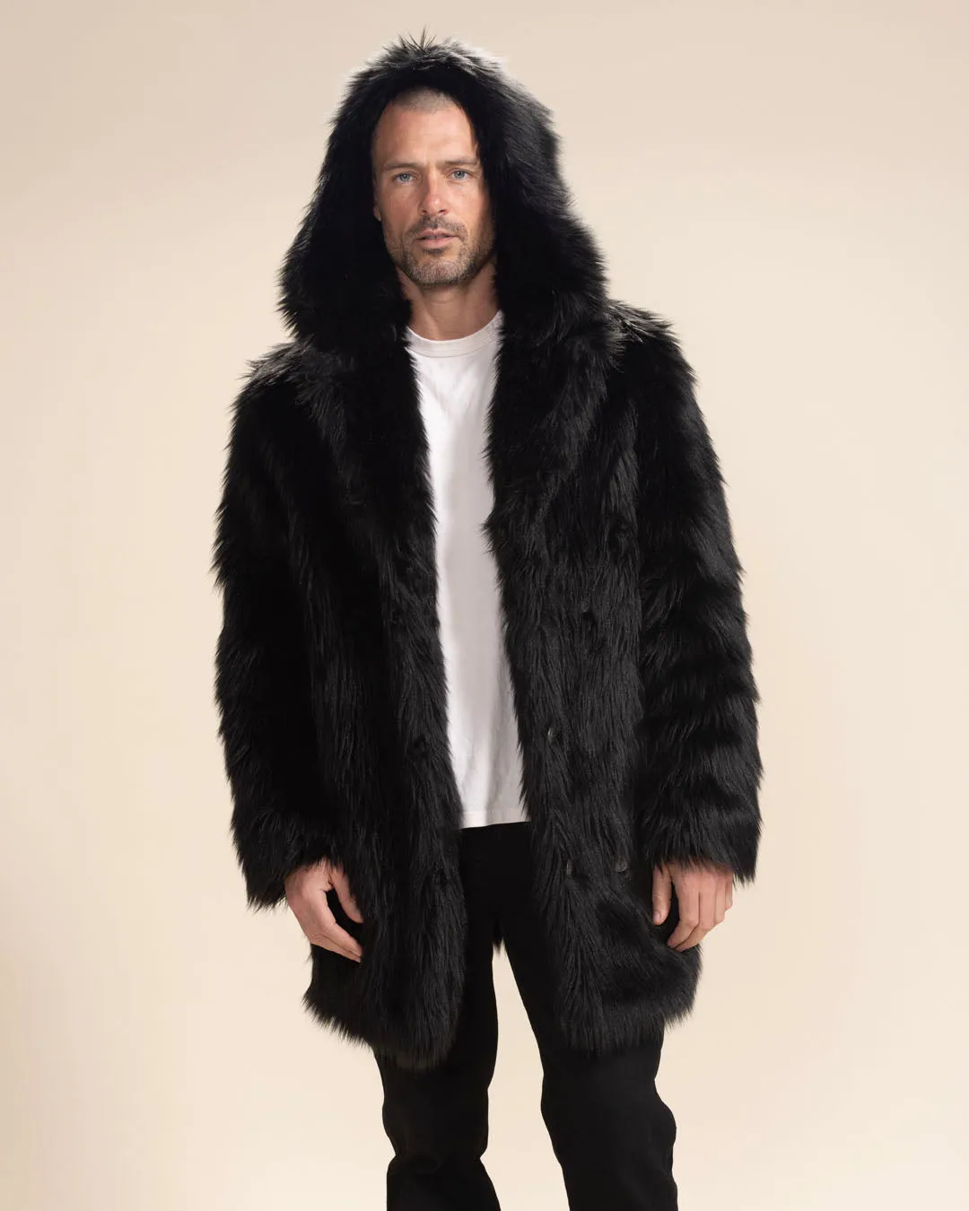 Hooded Men's Faux Fur Coat | Black Wolf