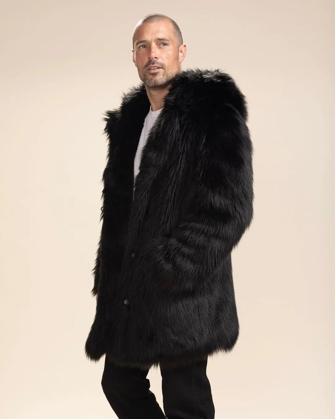 Hooded Men's Faux Fur Coat | Black Wolf