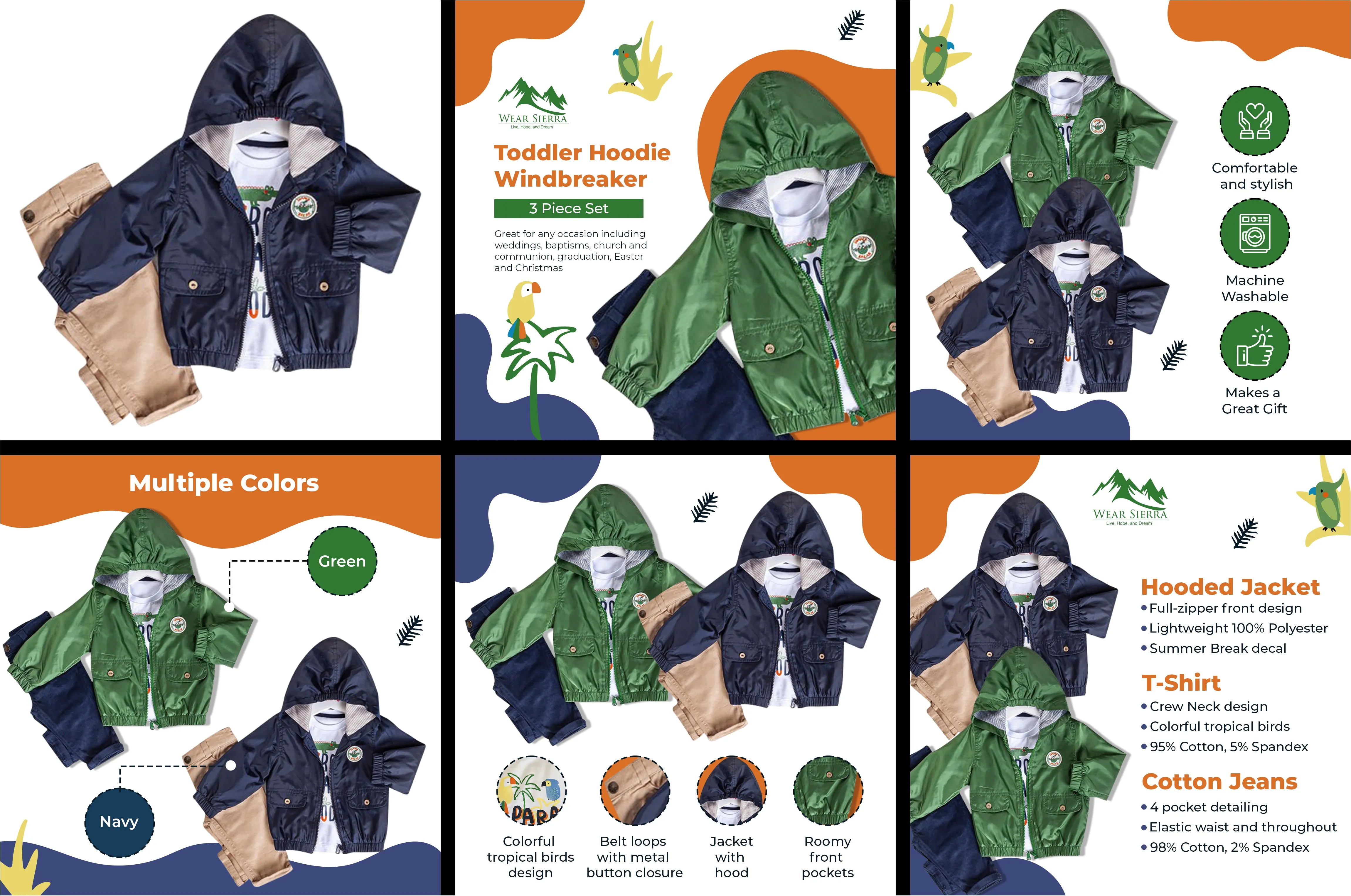 Infant and Toddler Hoodie Windbreaker 3-Piece Casual Wear - Great for Warm Weather